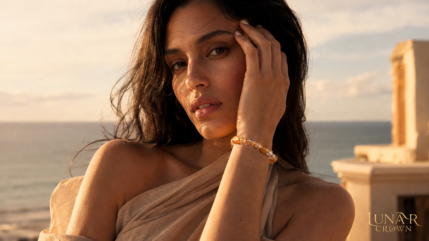 Amber bracelet catching the golden evening light